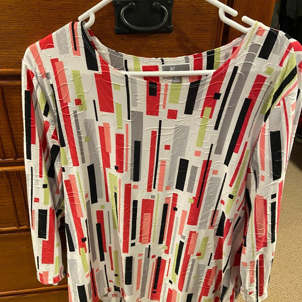 JM Collection Contemporary Multicolored Geometric Longsleeve Blouse